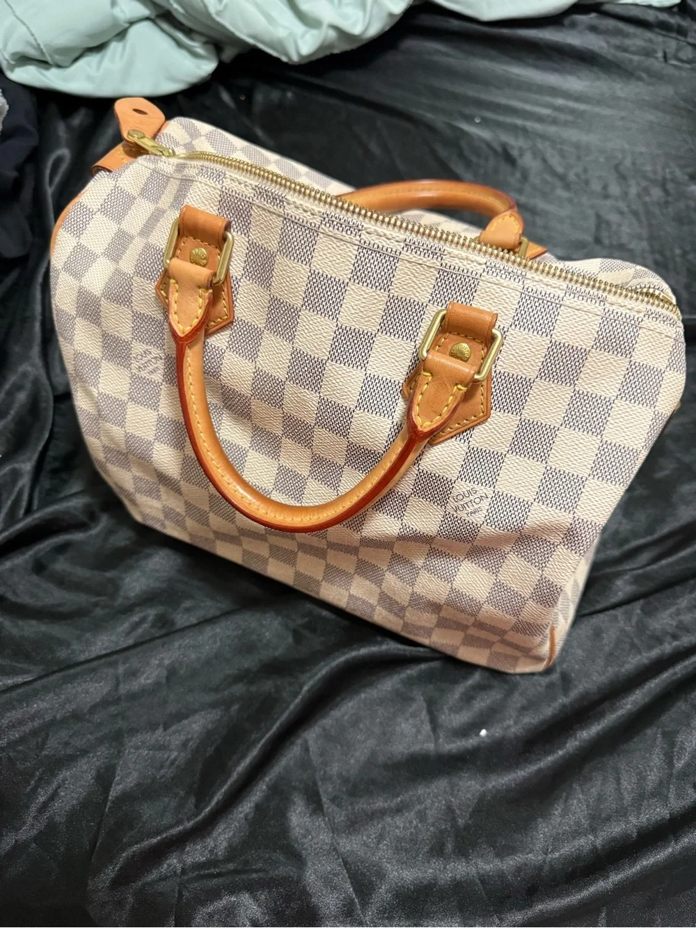 Louis Vuitton Damier Azur Mini Speedy Satchel in Cream and Tan Leather